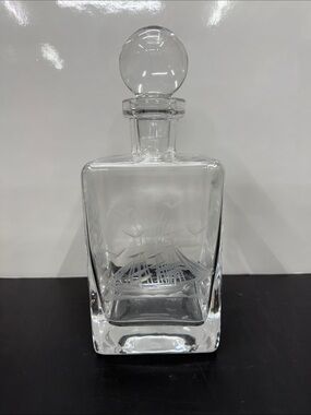 Gorgeous Boat Etched Glass Square Decanter with Round Stopper